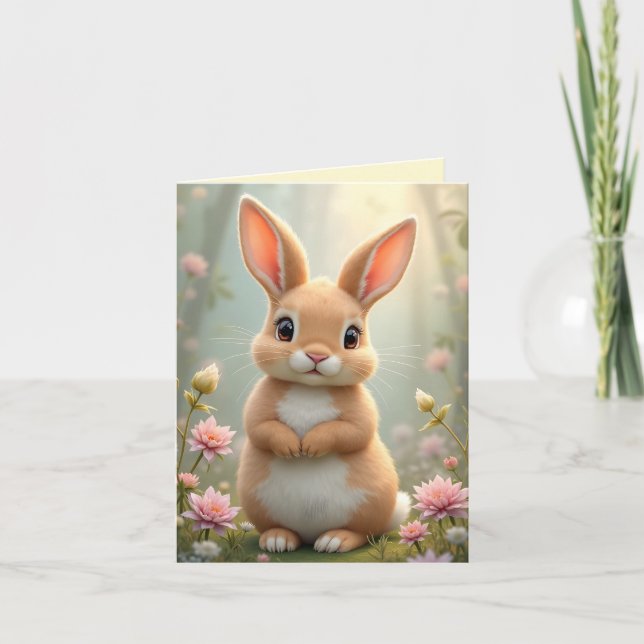 Tarjeta Festiva Pequeño conejito lindo rodeado de flores, personal (Anverso)