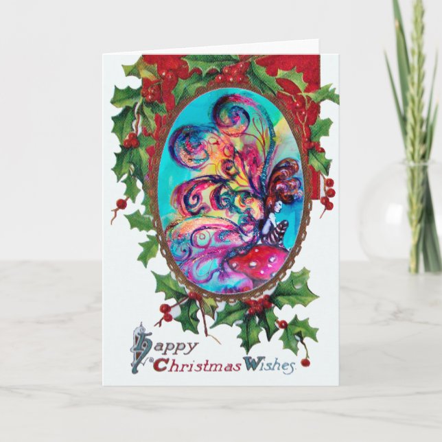 Tarjeta Festiva Pequeño elfo de hongos, Navidades felices (Anverso)