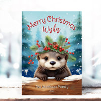 Pequeño Otter Peeking Holly y Pine Merry Christmas