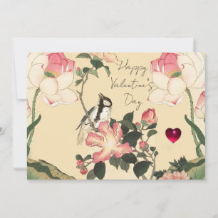 Tarjeta Festiva PEQUEÑO PÁJARO, ROSAS ROSADAS, FLOR DE LOTUS Día d