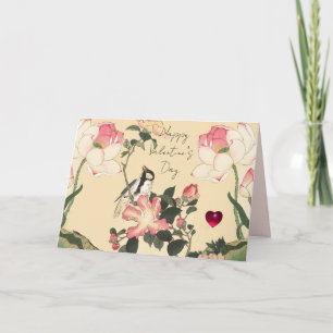 Tarjeta Festiva PEQUEÑO PÁJARO, ROSAS ROSADAS, FLOR DE LOTUS Día d