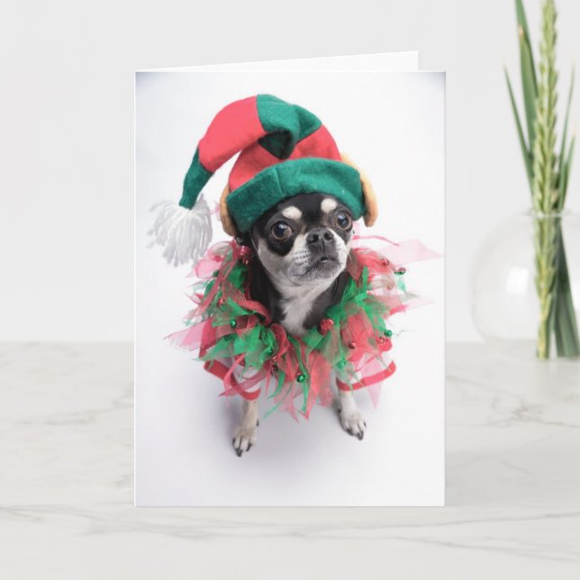 Tarjeta Festiva Pequeño perro del duende del ayudante de Santa (Anverso)