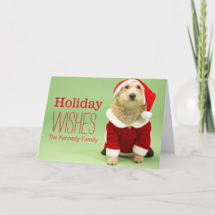 Tarjeta Festiva Pequeño perro en el traje de Santa