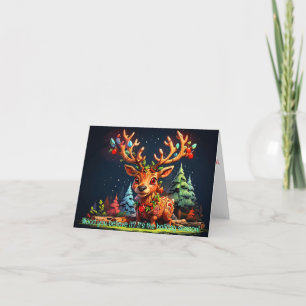 Tarjeta Festiva Pequeño reno de madera árbol verde y texto blanco 