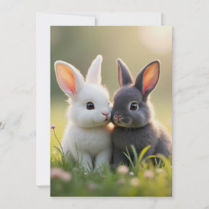 Tarjeta Festiva Pequeños conejitos blancos y negros en un prado