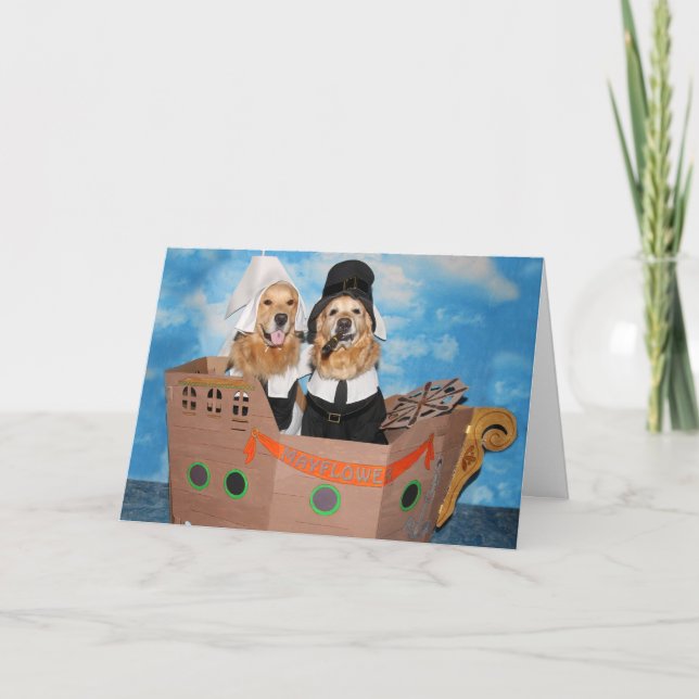 Tarjeta Festiva Peregrinos Mayflower Thankgiving del golden (Anverso)