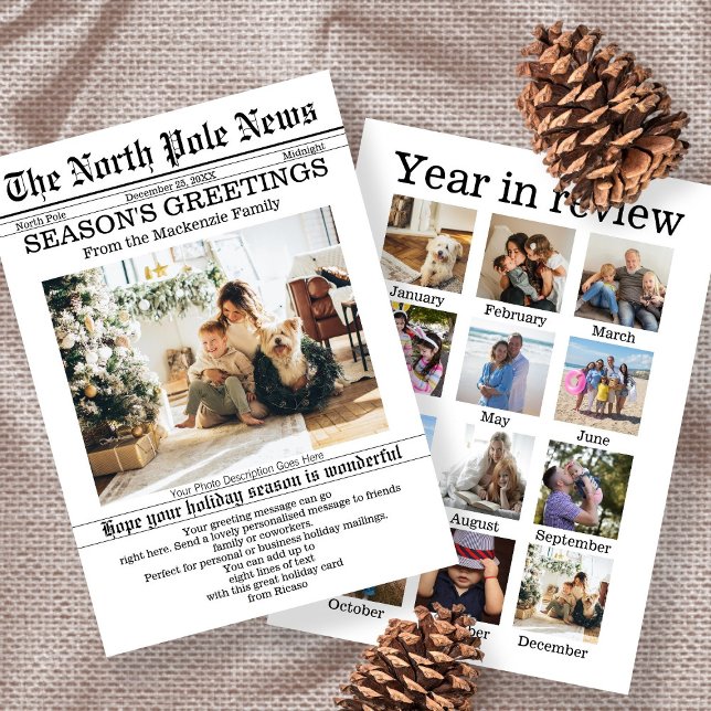 Tarjeta Festiva Periódico de Navidades de noticias del Polo Norte  (North Pole News Christmas Newspaper Personalized Holiday Card with year in review 13 photos. Ricaso)