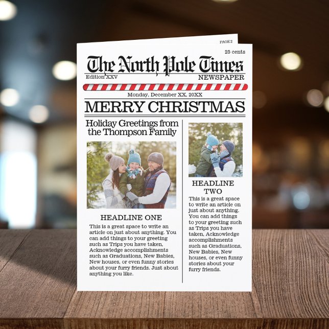 Tarjeta Festiva Periódico Multi Photo Merry Christmas North Pole (Merry Christmas holiday photo folding card with a cute newspaper template. )