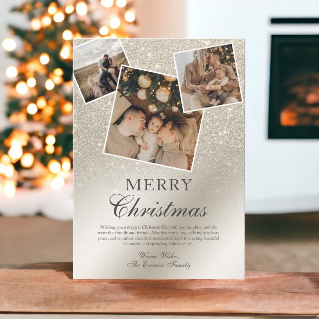 Tarjeta Festiva perla marfil purpurina sombrío 3 fotos Feliz Navid (pearl ivory glitter ombre 3 photos Merry Christmas Holiday Card)