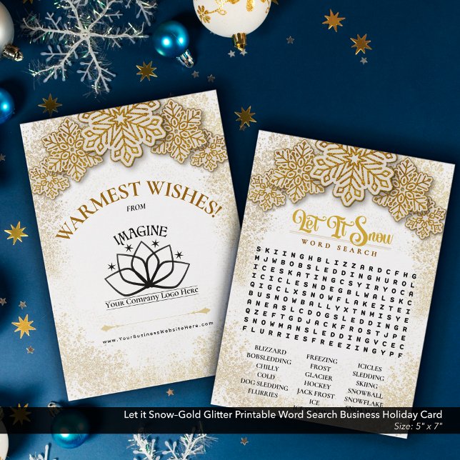 Tarjeta Festiva Permitir la búsqueda de palabras de negocios con S (Let it Snow–Gold Glitter Printable Holiday Word Search–Business Promotional Piece.)
