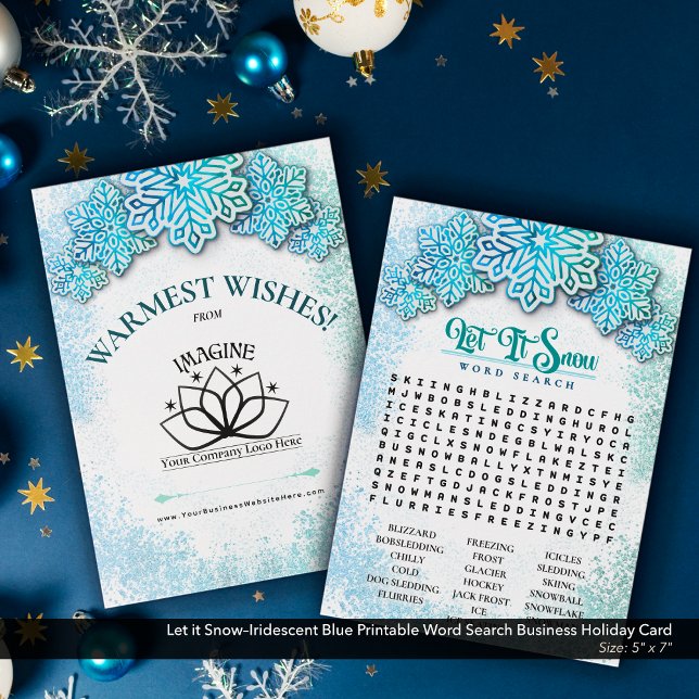 Tarjeta Festiva Permitir la búsqueda de palabras de negocios con S (Let it Snow–Iridescent Cool Blue Printable Holiday Word Search–Business Promotional Piece.)