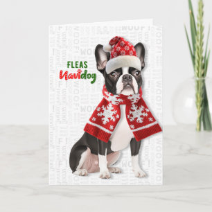 Tarjeta Festiva Perrito Adorable Boston Terrier Pulgas Navidog Nav