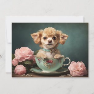 Tarjeta Festiva Perrito Caniche Taza de Té Antiguo Retrato Rosa Ca