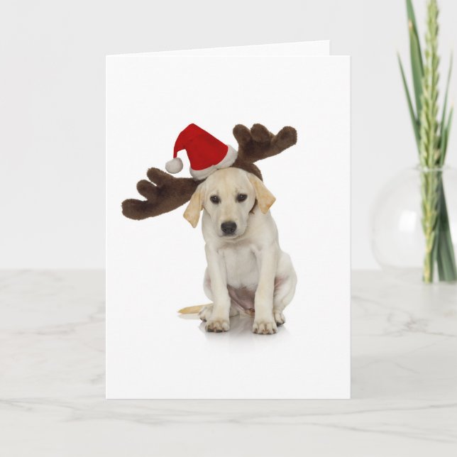 Tarjeta Festiva Perrito con los oídos del gorra y del reno de (Anverso)