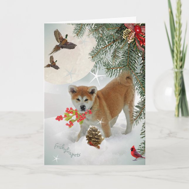 Tarjeta Festiva Perrito de AKITA que juega en nieve (Anverso)