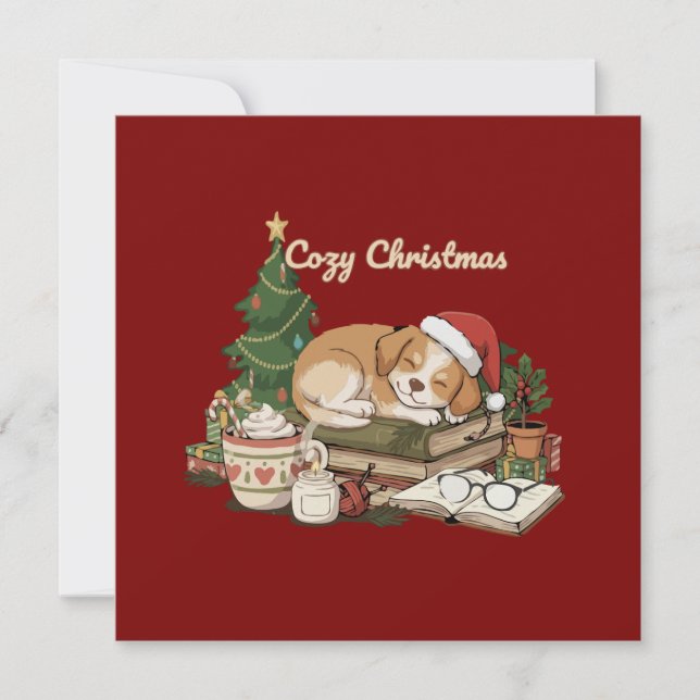 Tarjeta Festiva Perrito dormido y libros navideños acogedores vint (Anverso)