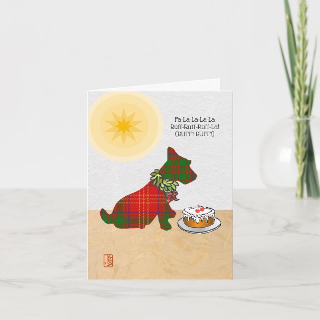 Tarjeta Festiva Perrito escocés Fa-La-La-La-La, Ruff-Ruff-Ruff-La! (Anverso)