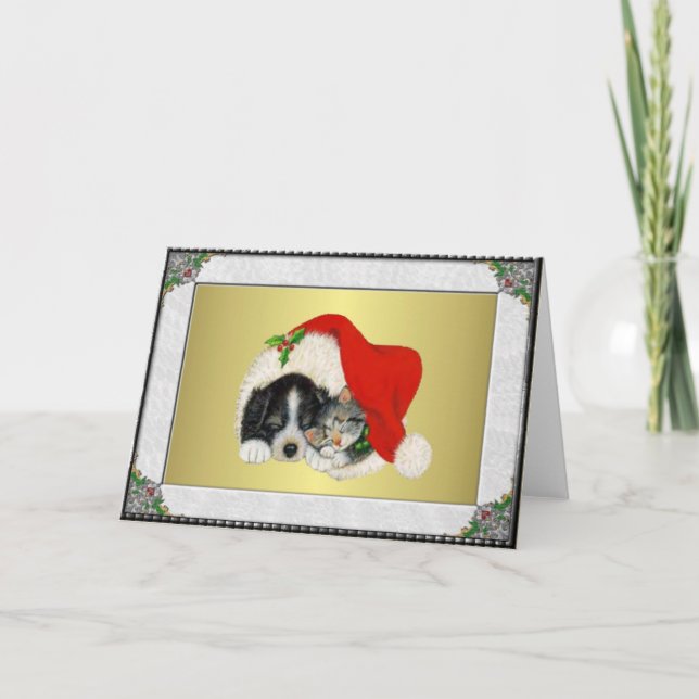 Tarjeta Festiva Perrito y gatito dulces (Anverso)