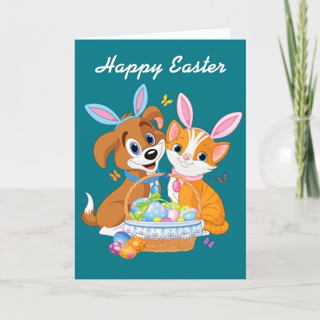 Tarjeta Festiva Perrito y gatito felices de Pascua (Anverso)