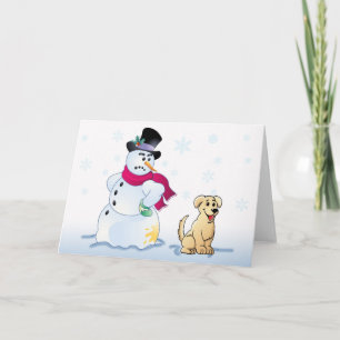 Tarjeta Festiva perrito y muñeco de nieve amarillos del