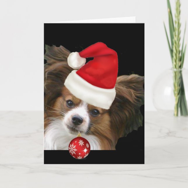 Tarjeta Festiva Perro adorable de Papillon en un gorra de Santa (Anverso)