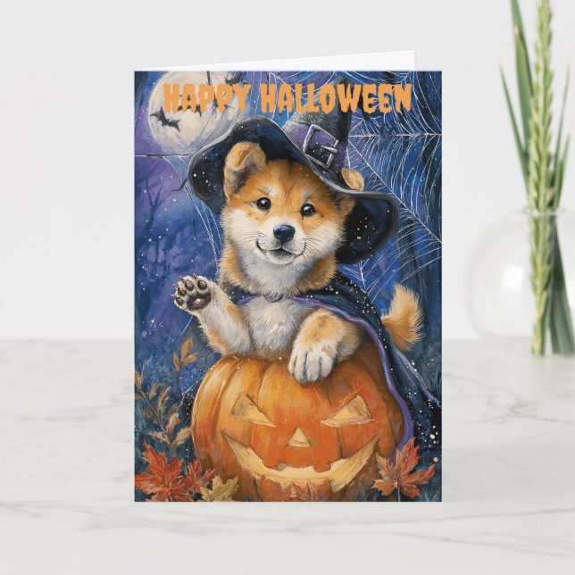 Tarjeta Festiva Perro Akita de Halloween (Anverso)