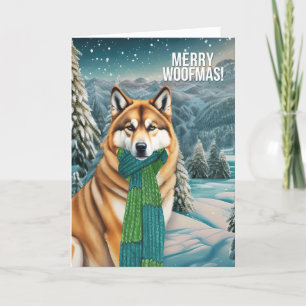 Tarjeta Festiva Perro Akita en escarf invernal con madrigueras Woo