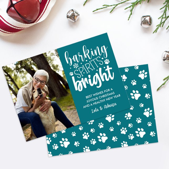 TARJETA FESTIVA PERRO BARKING SPIRIT PAREJAS LUMINOSAS NAVIDADES V (TEAL DOG THEMED PHOTO CHRISTMAS CARD WITH VERTICAL PORTAIT OF YOU AND YOUR PET DIGITAL DOWNLOAD )