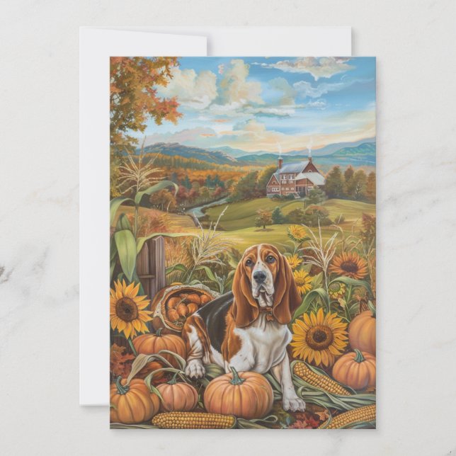Tarjeta Festiva Perro Basset Hound Cosecha de Otoño Día de Acción  (Anverso)