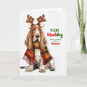 Tarjeta Festiva Perro Basset Hound Divertido Pulgas Navidog con No