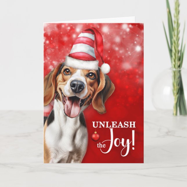 Tarjeta Festiva Perro Beagle desata a los Navidades de la alegría (Anverso)