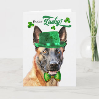 Tarjeta Festiva Perro belga malinois con suerte Día de San Patrici