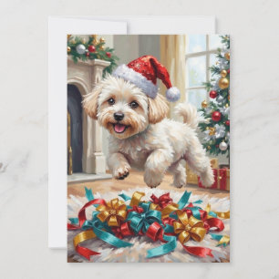 Tarjeta Festiva Perro Bichon Frise Esponjoso Alegría Navideña