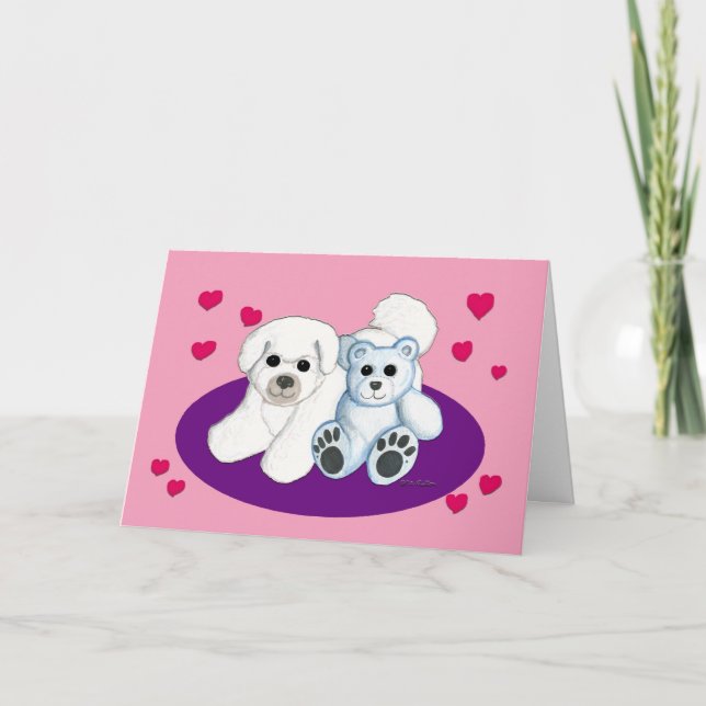 Tarjeta Festiva Perro blanco y Teddy Valentine (Anverso)