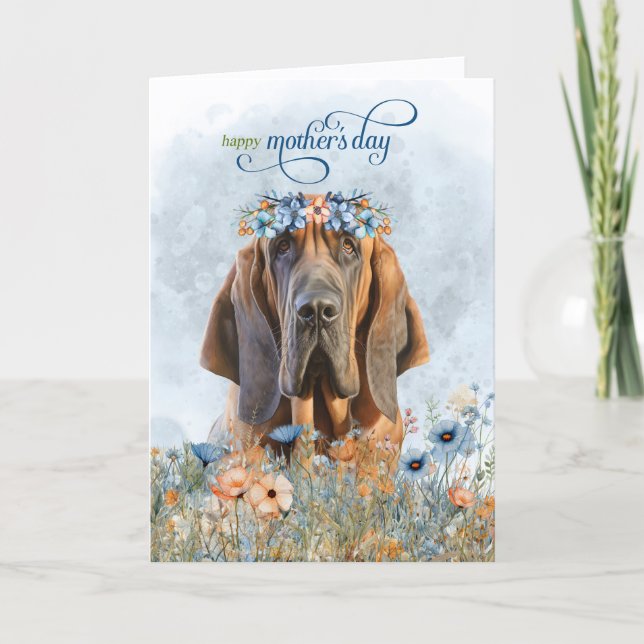 Tarjeta Festiva Perro Bloohound Flores Silvestres Día de la Madre (Anverso)