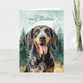 Tarjeta Festiva Perro Bluetick Coonhound y Bosque Invernal