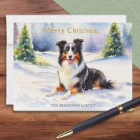 Perro Border Collie Tricolor en la Nieve Feliz Nav