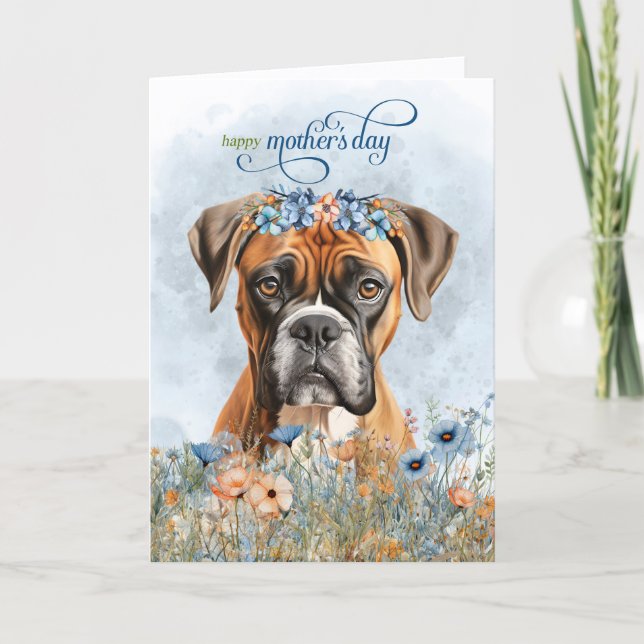 Tarjeta Festiva Perro Boxer Flores Silvestres Día de la Madre (Anverso)