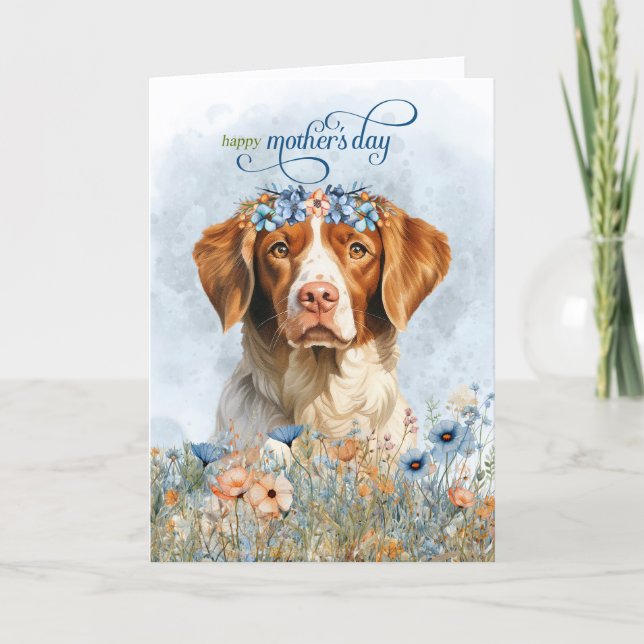 Tarjeta Festiva Perro Brittany Spaniel Flores silvestres Día de la (Anverso)