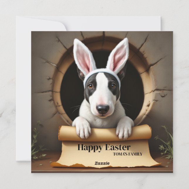 Tarjeta Festiva Perro Bull Terrier - con nombre de familia (Reverso)