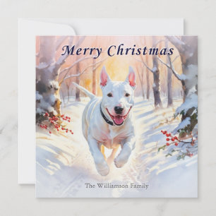 Tarjeta Festiva Perro Bull Terrier en nieve de invierno Feliz Navi
