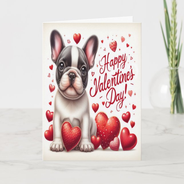 Tarjeta Festiva Perro Bulldog francés lindo feliz día de San Valen (Anverso)