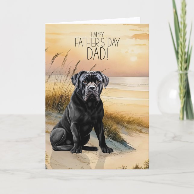 Tarjeta Festiva Perro Cane Corso Atardecer Playa Día del Padre (Anverso)