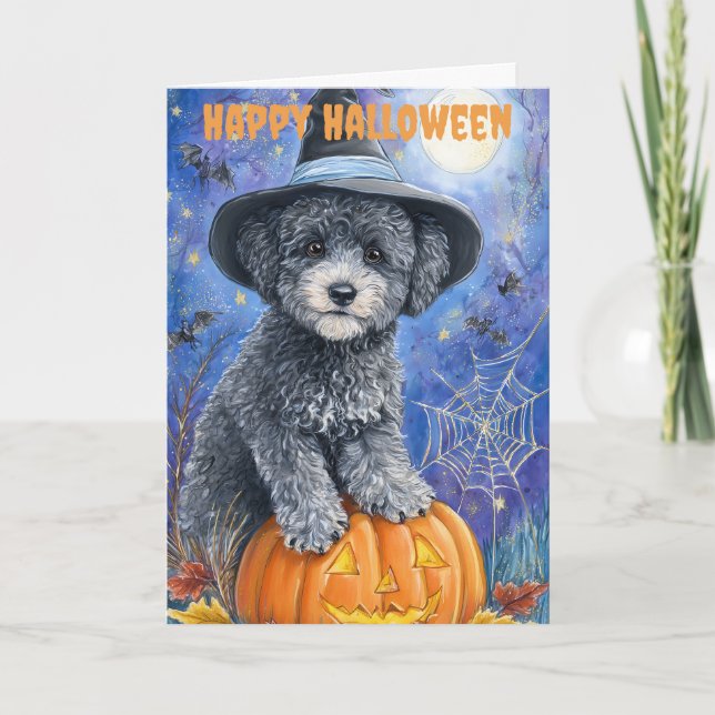 Tarjeta Festiva Perro Caniche de Halloween (Anverso)