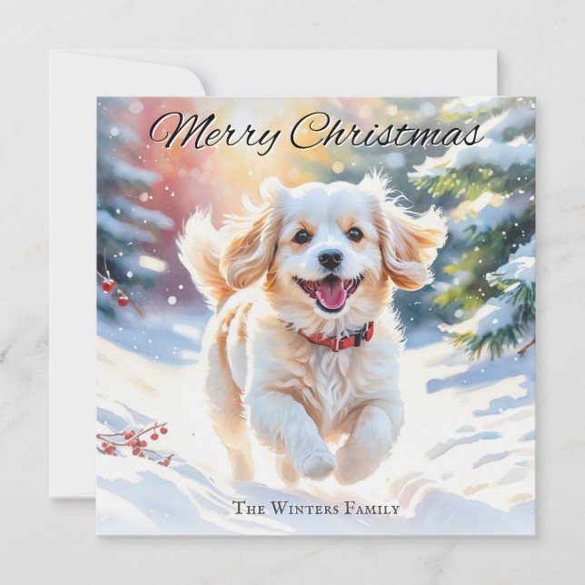 Tarjeta Festiva Perro Cavachon En Navidades De Nieve (Anverso)