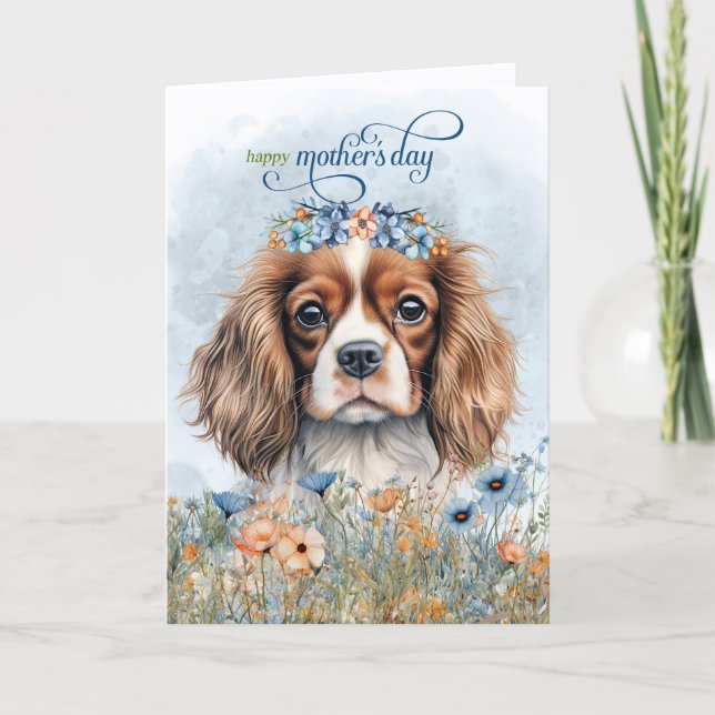 Tarjeta Festiva Perro Cavalier King Charles Flores silvestres Día  (Anverso)