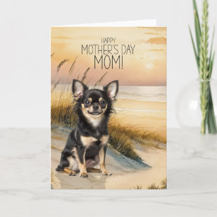 Tarjeta Festiva Perro Chihuahua de Pelo Largo en la Playa al Atard