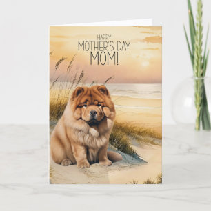 Tarjeta Festiva Perro Chow Chow Atardecer Playa Día de la Madre