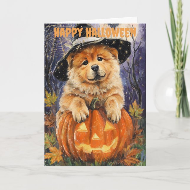 Tarjeta Festiva Perro Chow Chow de Halloween (Anverso)