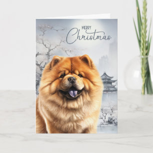 Tarjeta Festiva Perro Chow Chow y nevado invierno chino